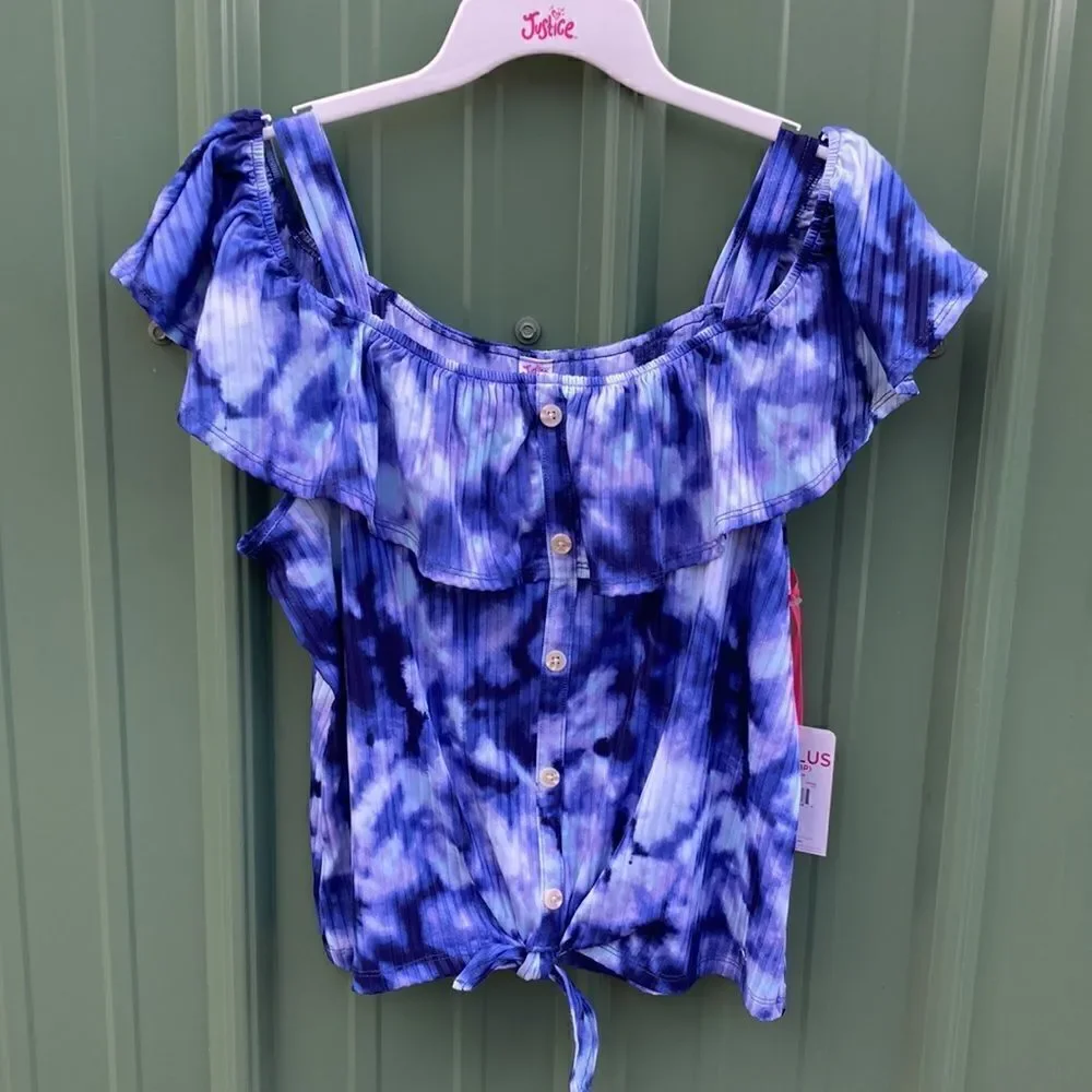 Justice Girls Flounce Button Front Short Sleeve Tie Dye Top Shirt Size XLP 16/18